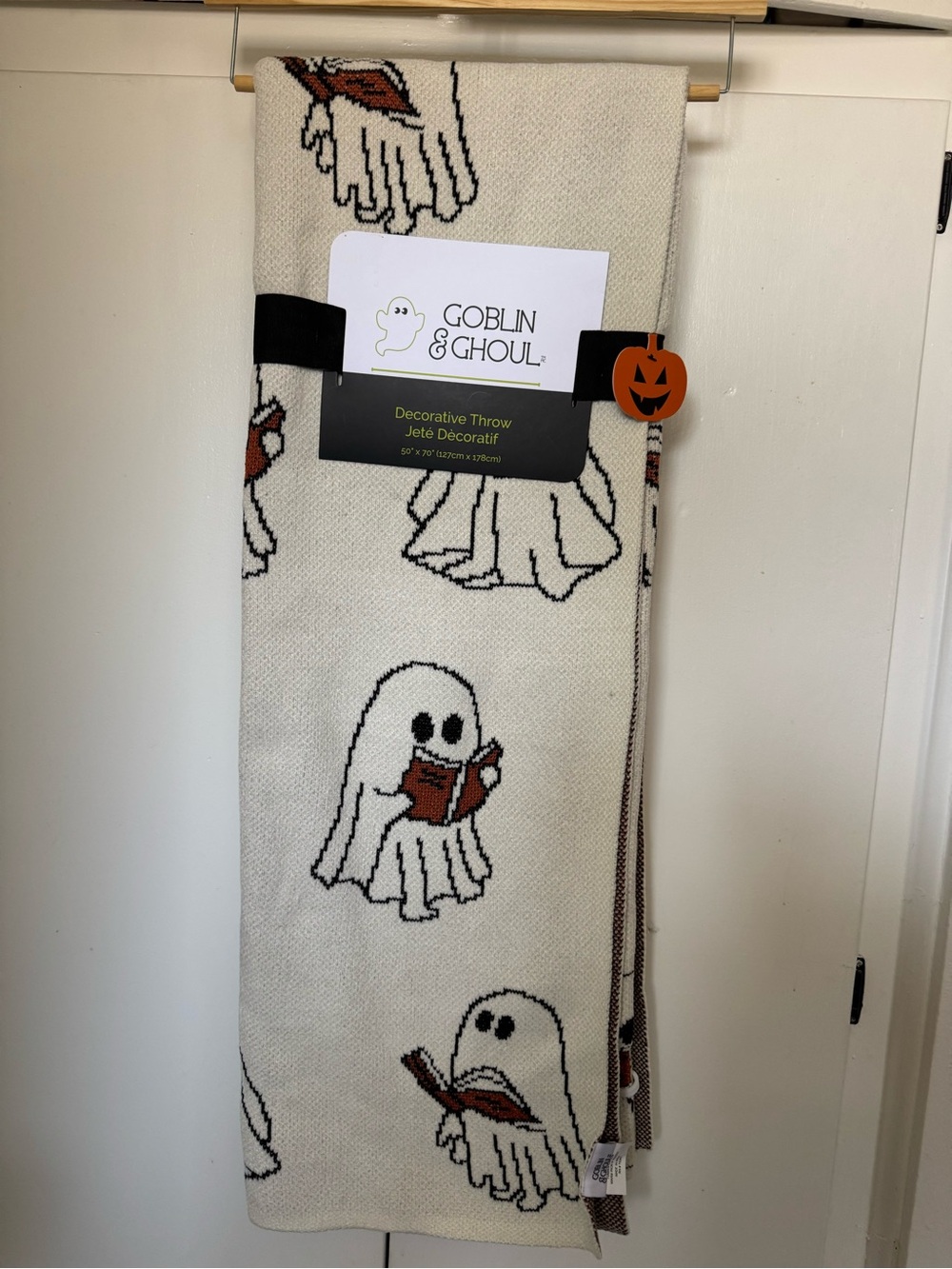 Goblin & Ghoul Ghost Knit Decorative Throw - Ivory with Orange & Black